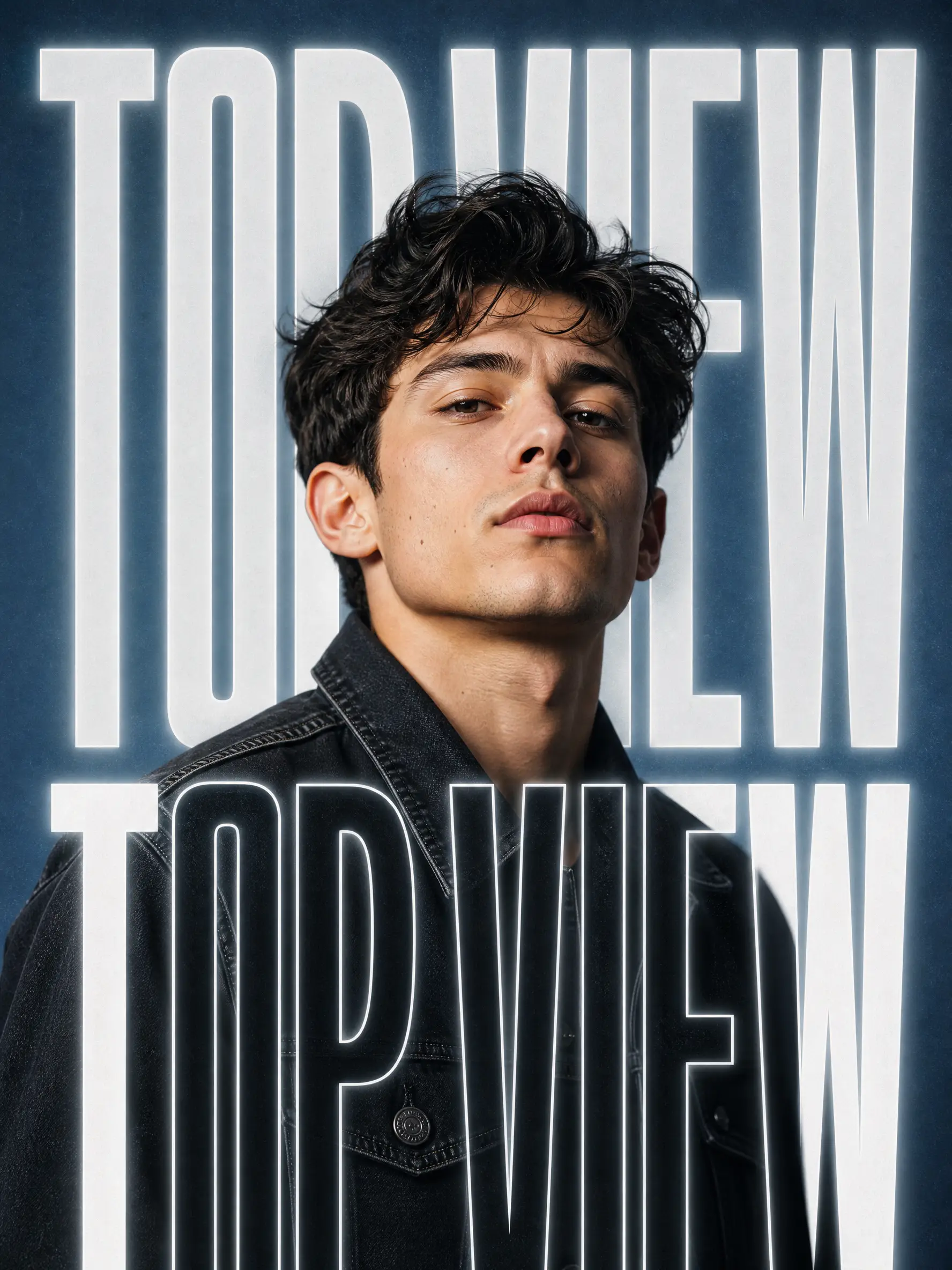 High-end editorial film poster, portrait of a man with dark hair in a black denim jacket, bold white typography layered behind and in front, muted slate-blue grain background, soft neon glow, cinematic lighting, 8K.